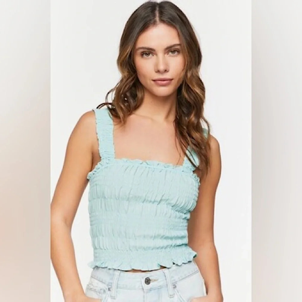 American Eagle Smocked Square Neck Crop Tank Top Mint Green M